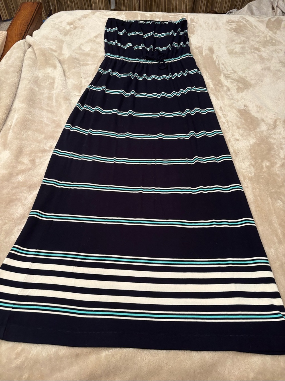 J Crew Striped Navy, Teal and White Strapless Jersey Maxi Dress